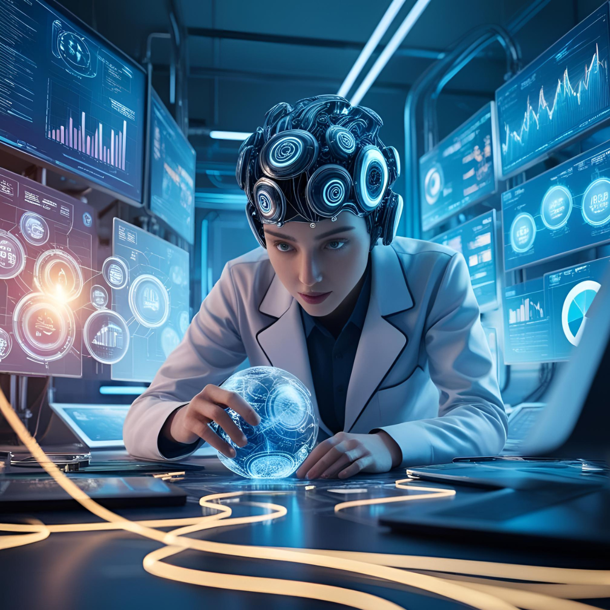illustration of a futuristic ai assistant interacting with digital interfaces representing agentic ai in customer engagement