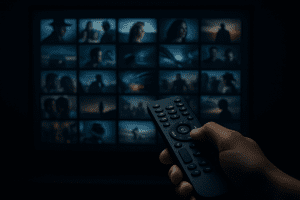 A cinematic close up of a hand holding a TV remote pointed at a blurred grid of movie thumbnails on a screen, representing modern streaming and digital entertainment.