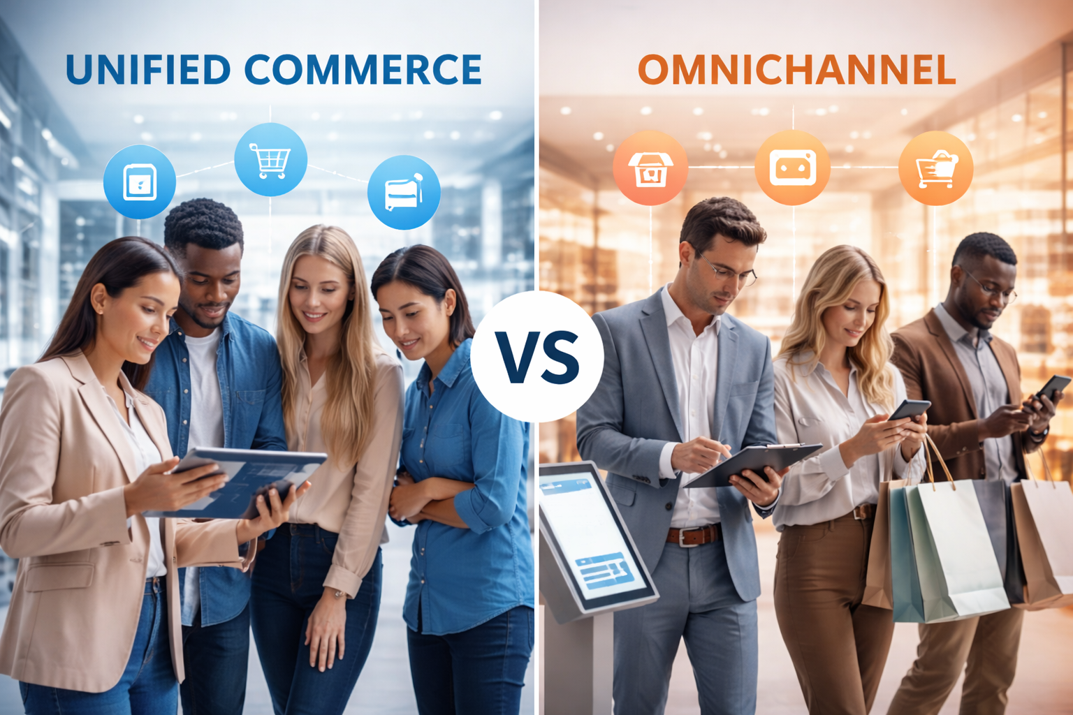 "Visual comparison of unified commerce vs omnichannel showing unified customer journeys on one platform versus fragmented shopping channels."