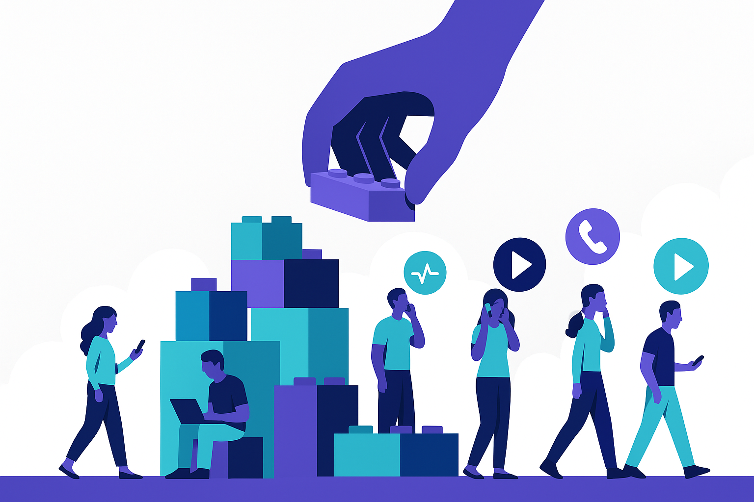 Illustration of people assembling colorful building blocks, symbolizing digital community building and business collaboration.
